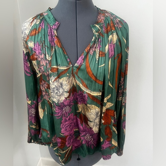 Current Air Los Angeles Green Floral Blouse Sz S Boho Tucked Pleated Peasant Top - Picture 4 of 16